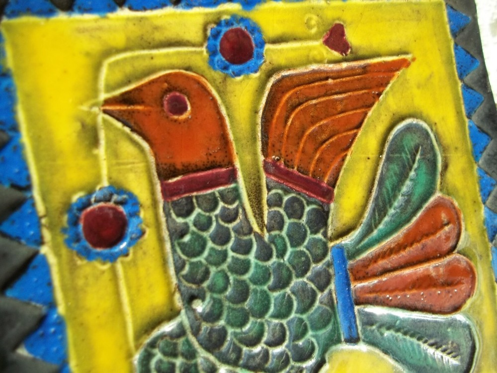 Dated Tile ornate Bird Middle Eastern Boho Decor signed Turkish? 1958 Blue Green