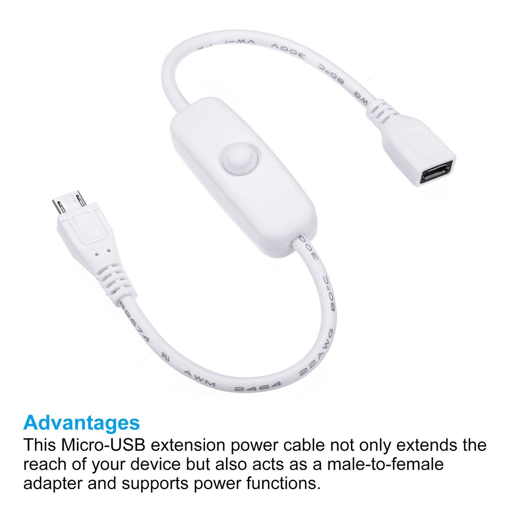 2pcs Micro-USB Extension Cable with ON/Off Switch Extension Power Cords Adapter