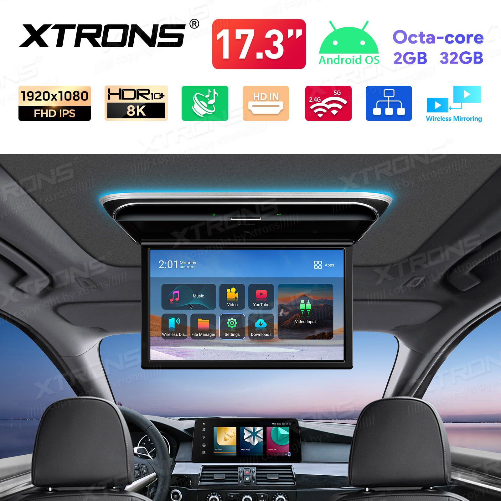 17.3" Car Roof TV Video Flip Down Overhead Monitor IPS Screen WiFi HDMI 1080P