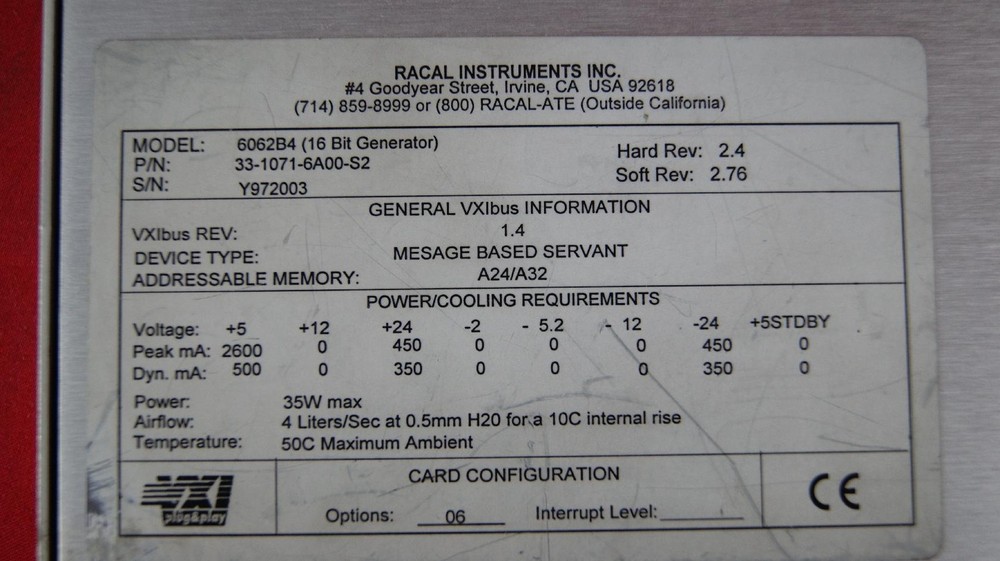 Racal Instruments 6062B4 Y972003 Analog Input / 4ch Analog Output VXI Module
