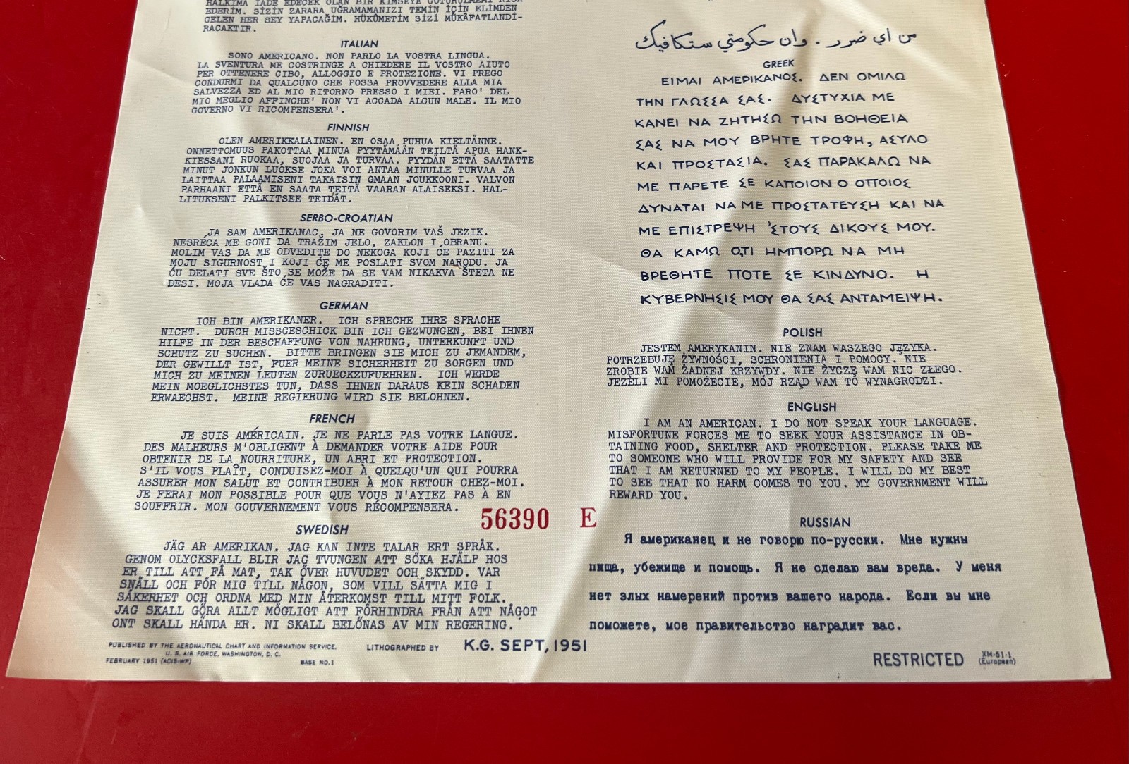 USAF/USN SURVIVAL BLOOD CHIT EUROPEAN XM-51-1 13 LANGUAGE