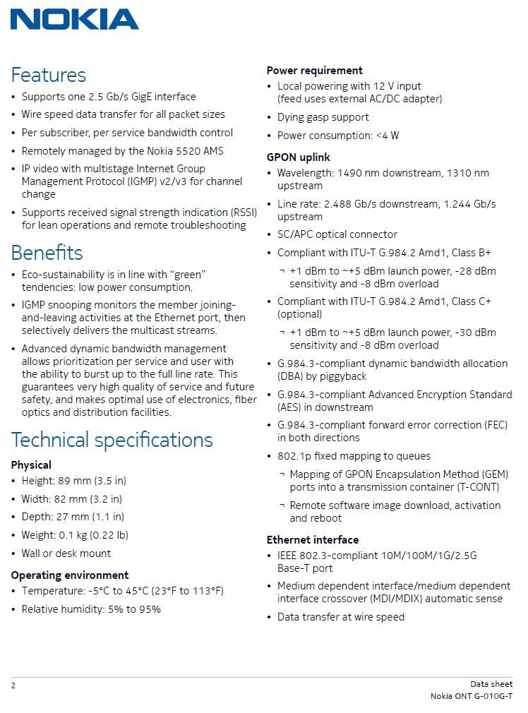 Nokia New G-010G-T GPON Indoor ONT, 1x 2.5GigE, US power plug