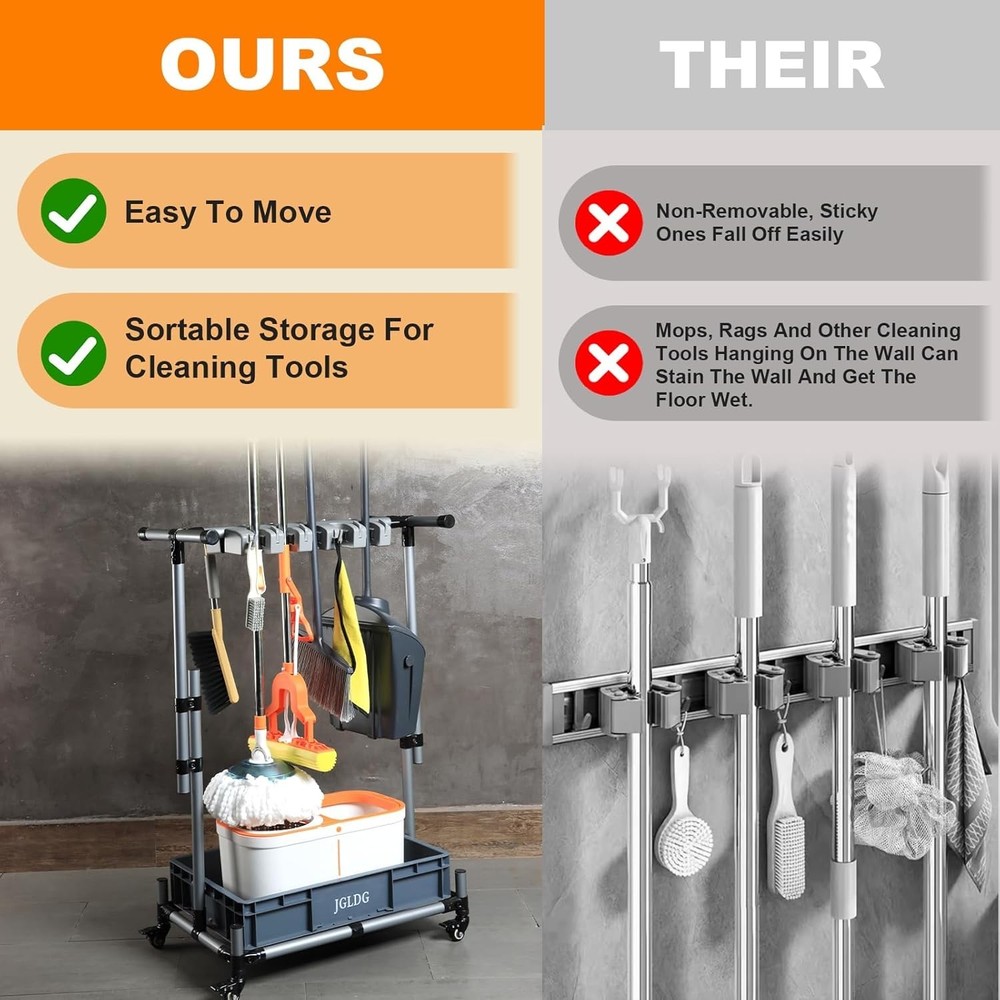 Freestanding Mobile Cleaning Tool Rack with Hooks - Rust Resistant Design