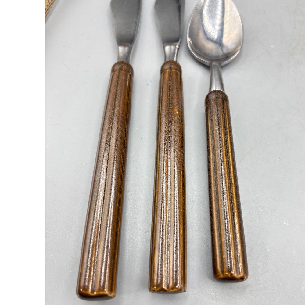 Vtg MCM Georges Briard Stainless Flatware 3 Pc Knife Spoon Brown Ceramic Replace