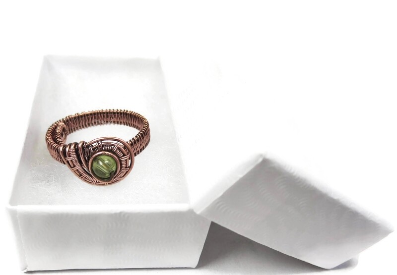 Peridot Adjustable Ring, Woven in Copper Wire
