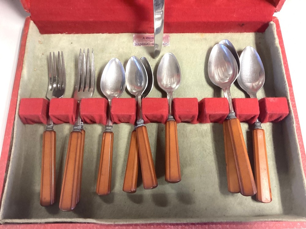 Bakelite Flatware Set ~ Butterscotch Handles-Stainless ~ 18Pc Vintage