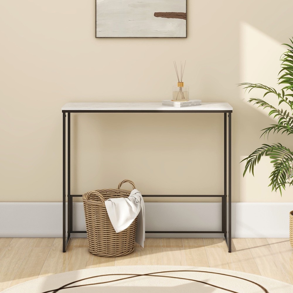Sleek Console Table W/ Marble Stone Top Compact Entryway Table