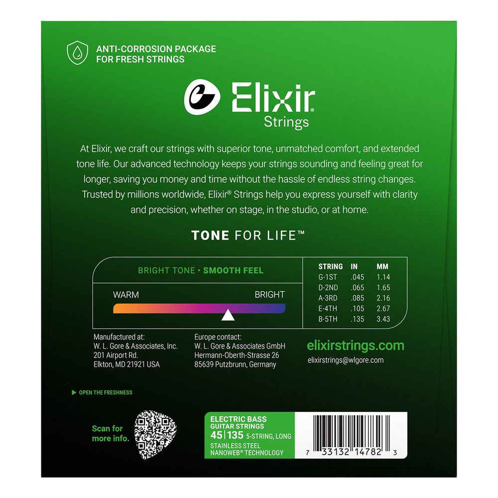 Elixir Nanoweb Stainless Steel 5-String Bass Strings, Light Medium Long 45-135