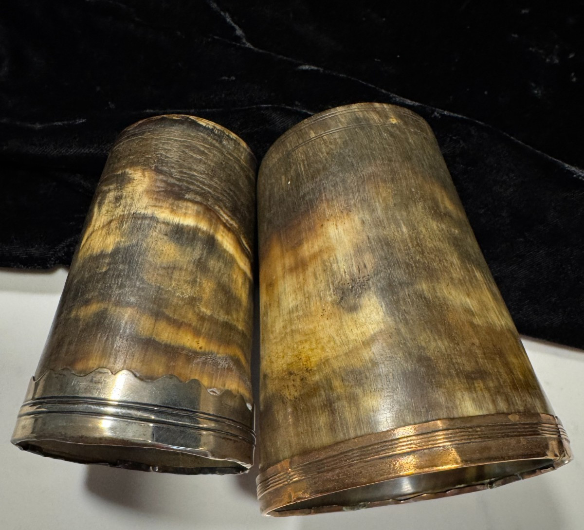 2 GEORGIAN COPPER/GOLD & SILVER RIMMED CUPS BANDED BASES GREAT CONDITION