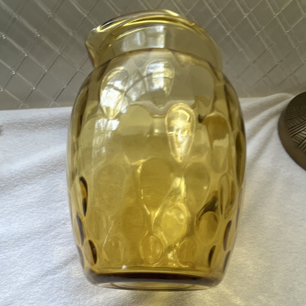Amber Pressed Glass Pitcher, Glossy Solid Round, Handle, 9 in Height