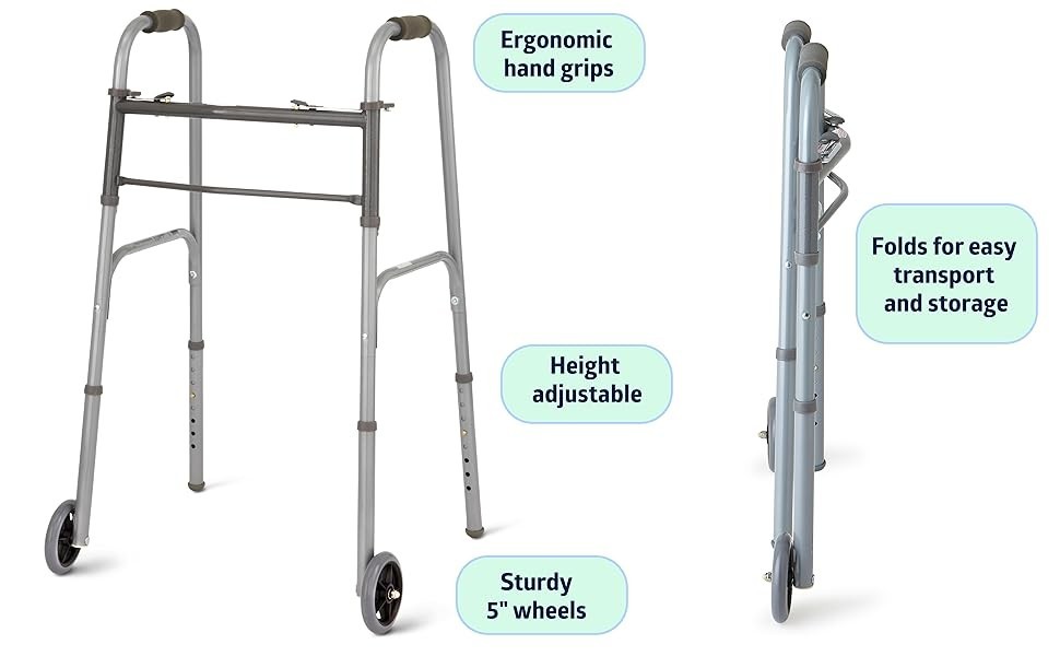 Medline 2-Button Folding Walker model MDS86410W designed for mobility assistance