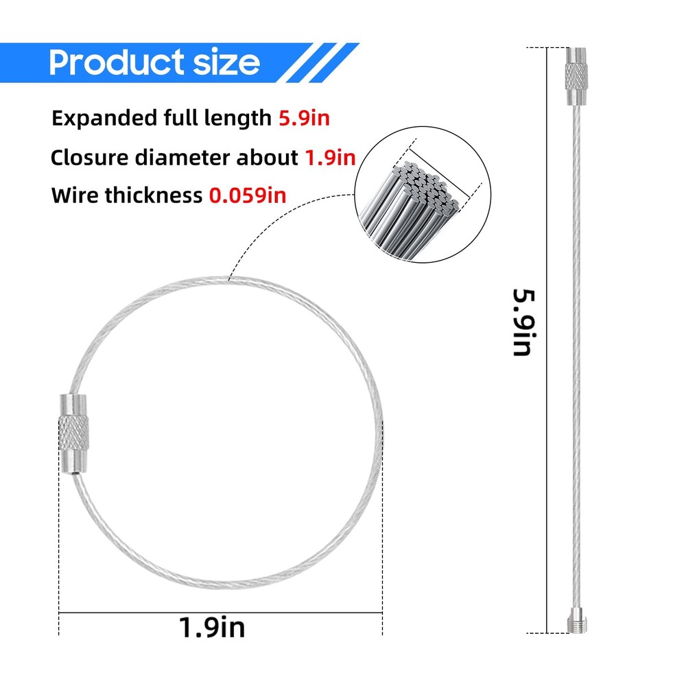 DFTOA-30 Pack 6 inch Extendable Wire Keychain Cable/Luggage Large, Silvery