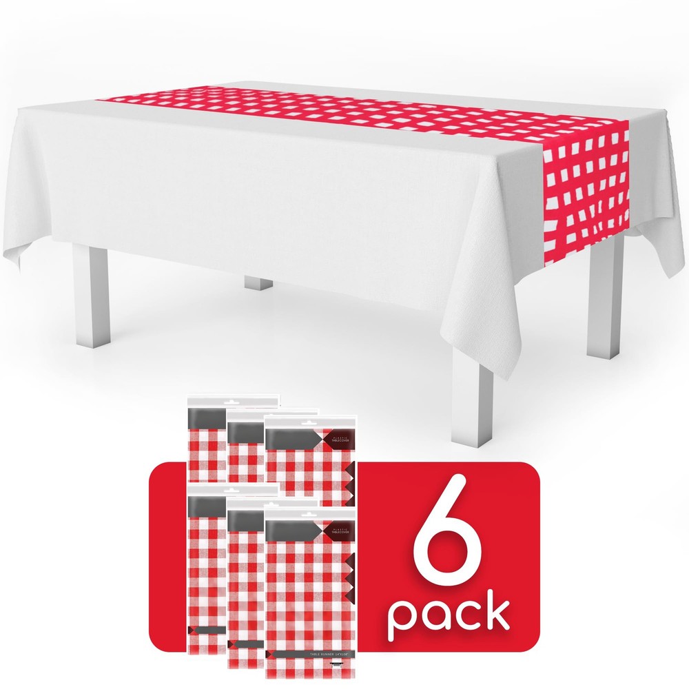 Checkered Table Runner, 6PCS Disposable Plastic, 14x108Inch, Red