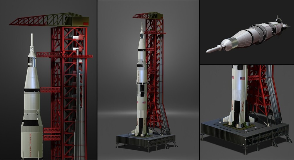Saturn V Rocket and Launch Pad Apollo 3D model, file STL OBJ for 3D Printer