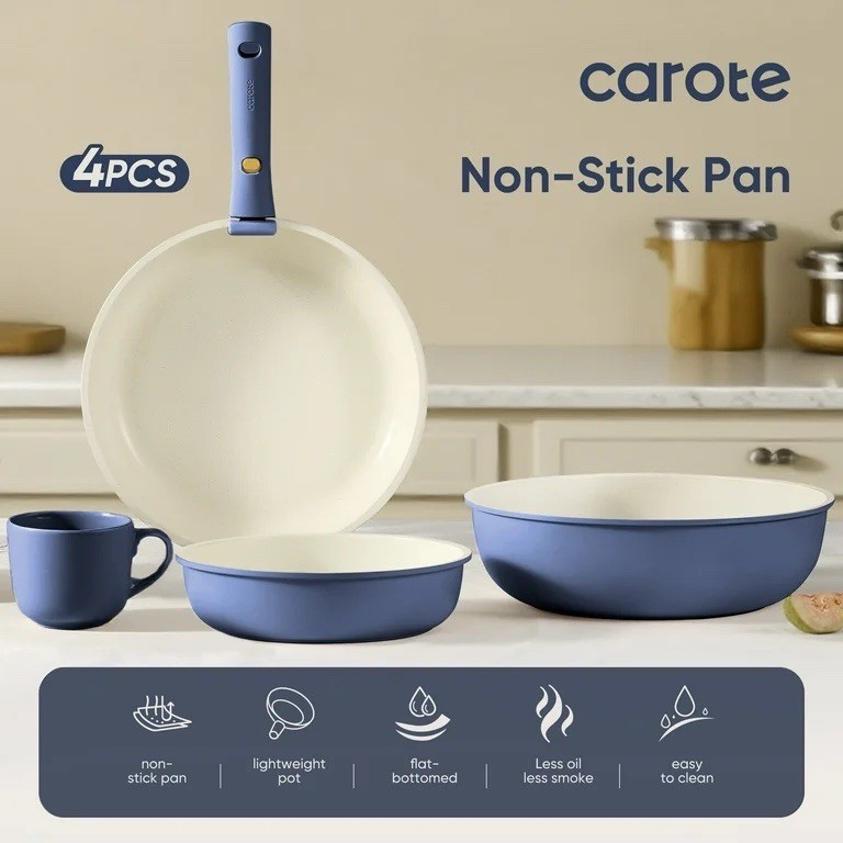 4Pc Nonstick Cookware Set Blue Detachable Handle Pots Pans Stackable Kitchen