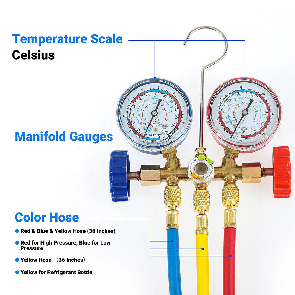 A/C HVAC Diagnostic Service Manifold Gauges Set Of 3 Color Hoses For Refrigerant
