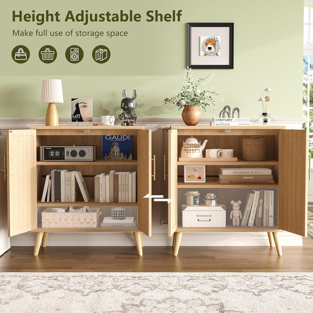 Rattan Buffet Cabinet with Storage, Boho Buffet Table with Adjustable Shelf and