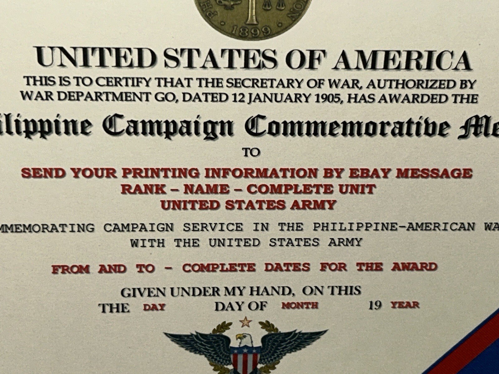 PHILIPPINE CAMPAIGN (ARMY) COMMEMORATIVE MEDAL CERTIFICATE ~ W/PRINTING TYPE-1