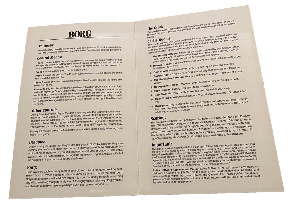 Borg 1981 Apple II Instructions Video Game Manual Mint Sirius Software