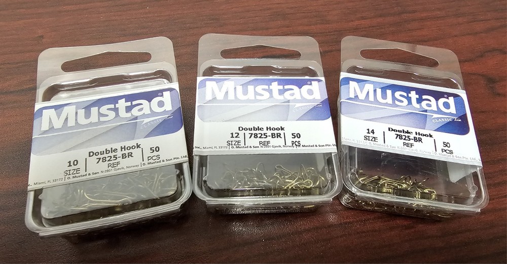 MUSTAD 7825 DOUBLE HOOKS 50 PACK 10, 12, OR 14 SPLIT OPEN SHANK