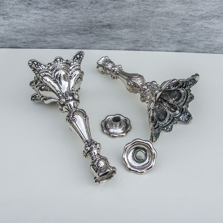 Repousse Fruit Wreath Large Candlesticks Pair 800 Standard Silver