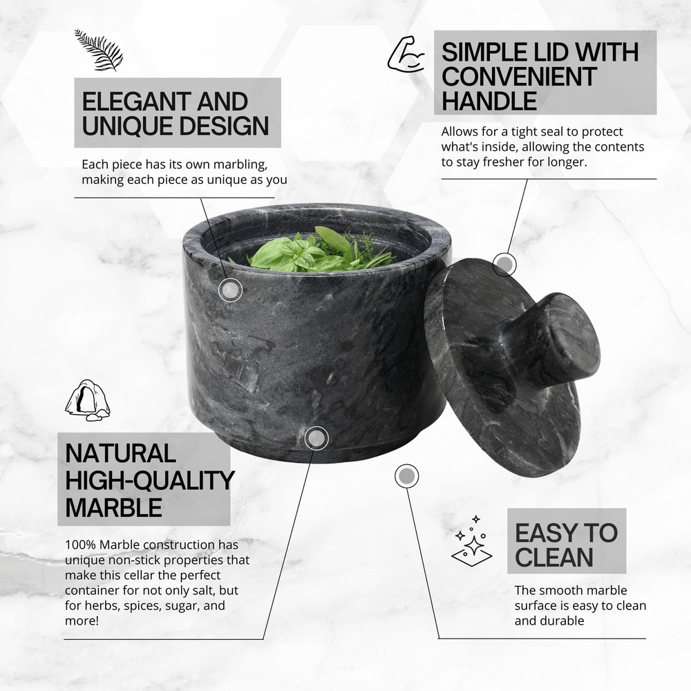 Marble Salt Cellar with Lid, Multi-Purpose Marble Container (Black & White)