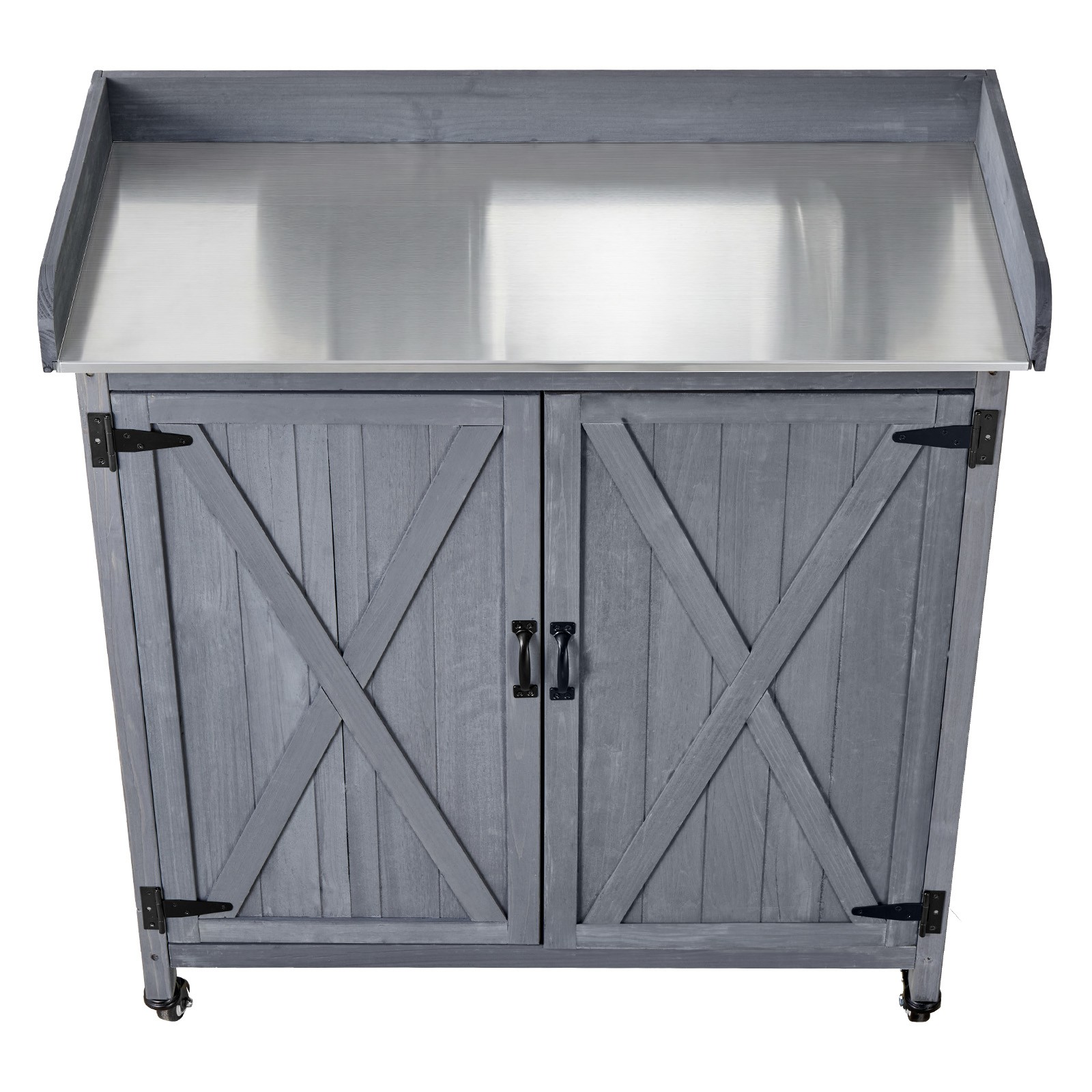 Uimoso Outdoor Wooden Potting Bench with Iron Work Surface and Storage Cabinet