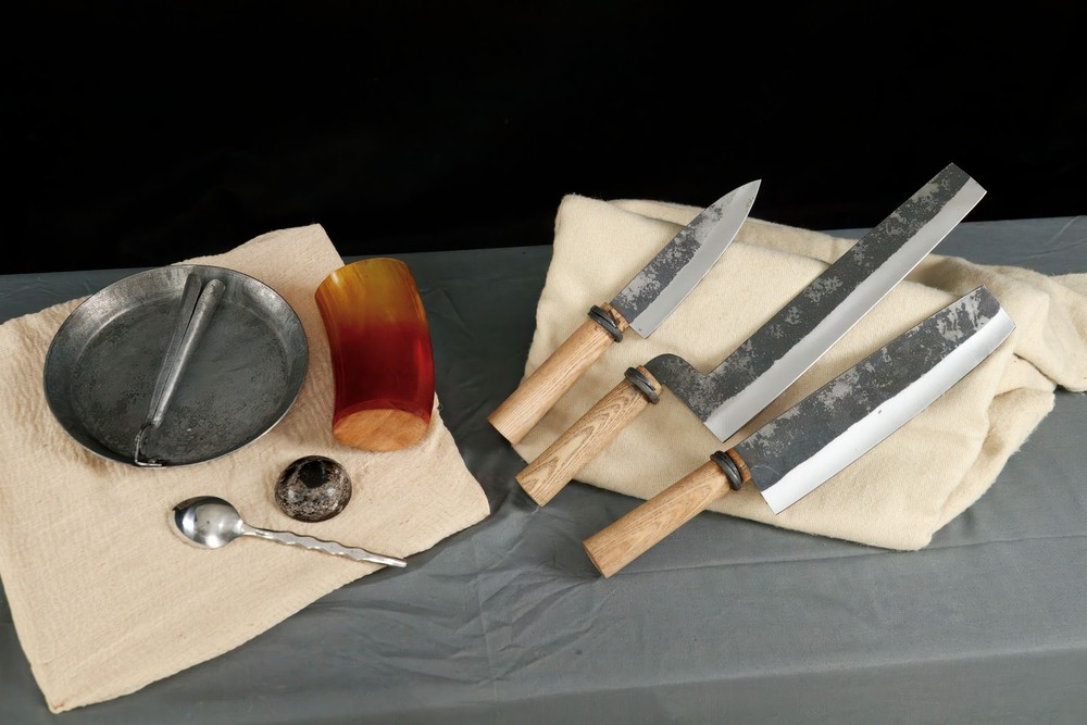 7pc Forged Medieval Chef Knife Set - Folding Pan, Bone Cup & Camp Cooking Tools