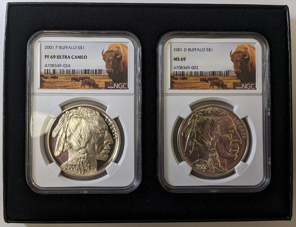 2001 Two Coin Silver Buffalo Set NGC MS69
