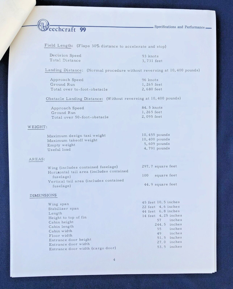 1960'S BEECHCRAFT 99 AIRLINER SPECIFICATIONS AND PERFORMANCE SHEETS W SCHEMATIC