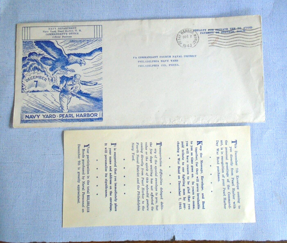 Pearl Harbor Navy Yard, Dec 7, 1943 envelope with original message, BUY BONDS