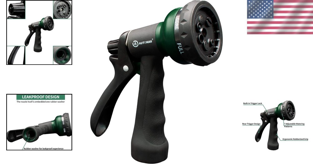 Versatile Garden Hose Nozzle with 7 Adjustable Patterns - Slip Resistant, 6"