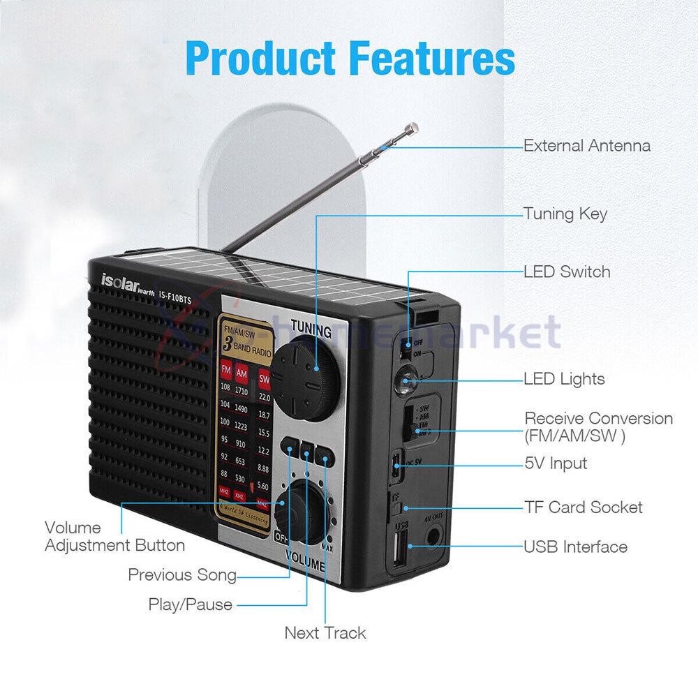 Portable Solar Radio FM/AM SW Digital Bluetooth Speaker MP3 Player Rechargeable
