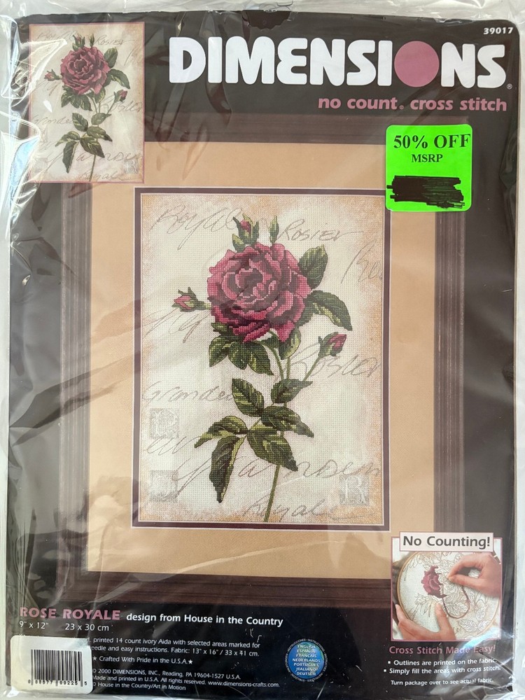Dimensions No Count Cross Stitch Kit - ROSE ROYALE #39017 Printed Outlines 2000