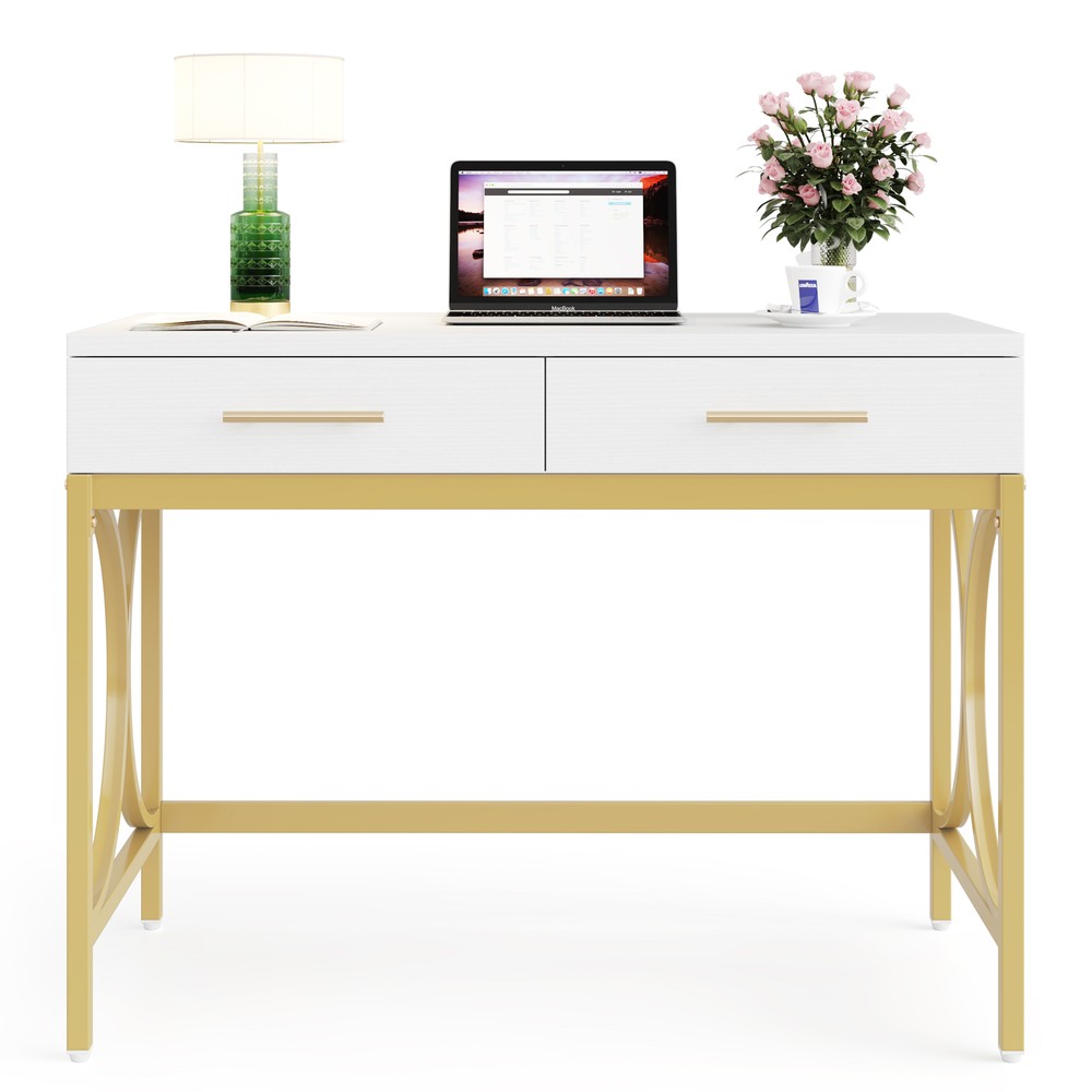 41" White Computer Desk with 2 Drawers, Modern Study Writing Desk with Storage
