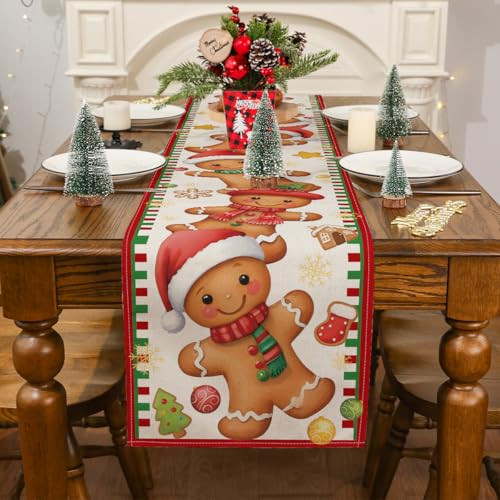 Christmas Table Runner, Gingerbread Decorations, Brown Cartoon Pattern, 13''