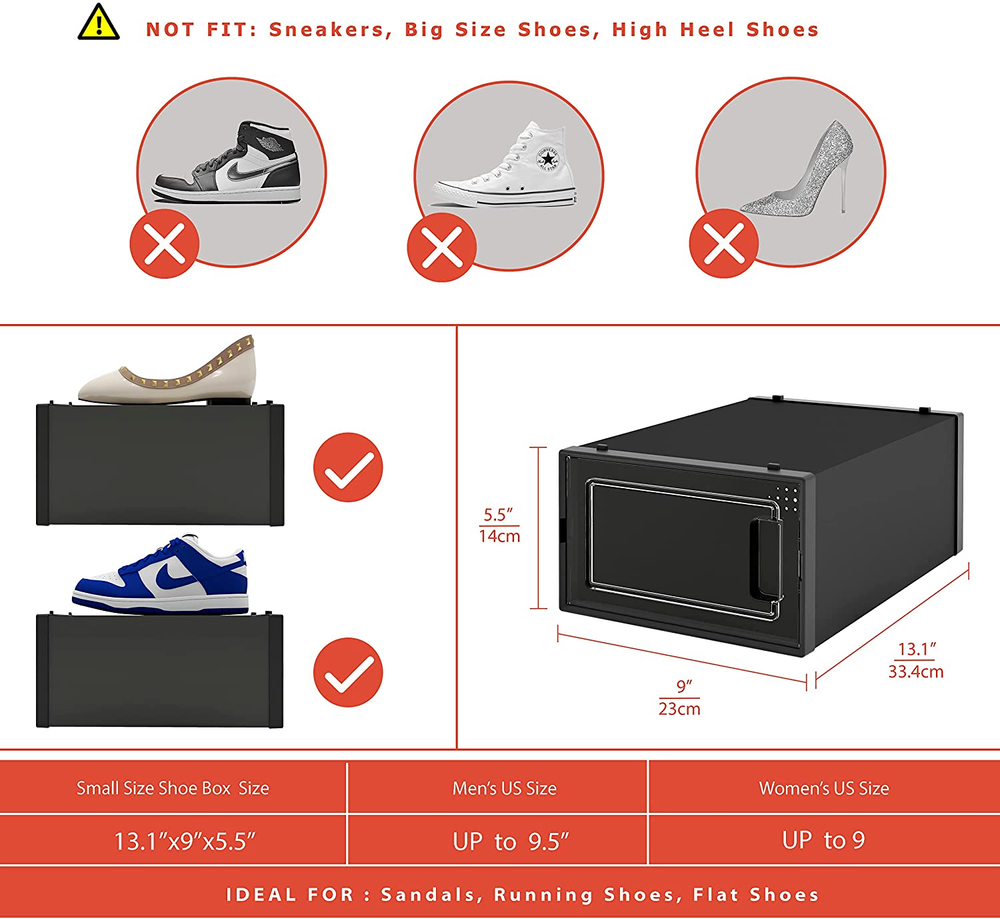 12 Pack Shoe Organizer Boxes, Black Plastic Stackable Shoe Storage Bins
