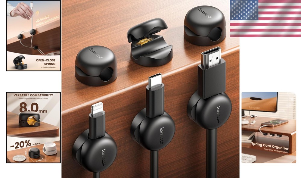Compact Spring Cable Management Clips - 6Pack for Desk & Nightstand Organization