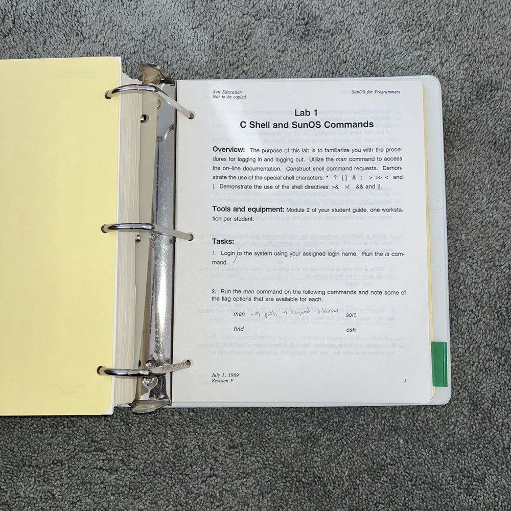 VTG 1989 SUN Microsystems SunOS Education Course For Programmers, Student Guide