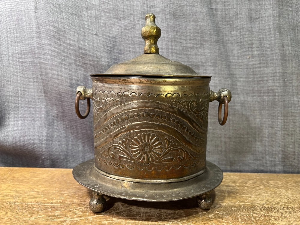 Antique Turkish Tea Coffee Container Caddy Footed Lidded Embossed Metalware