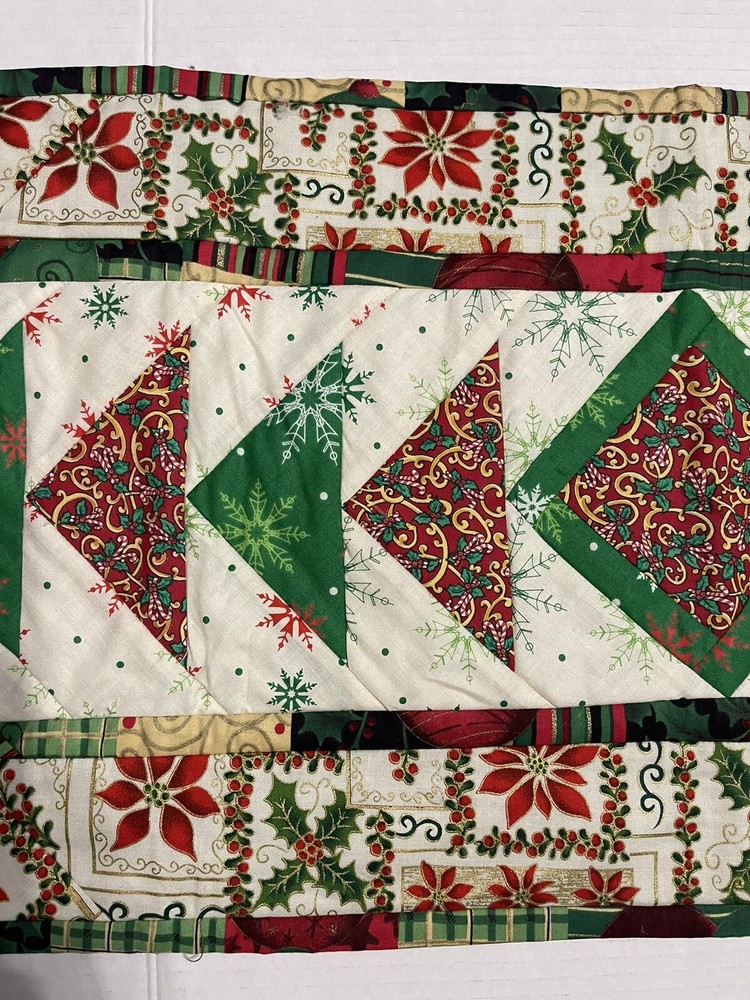 Handmade Patchwork Christmas Table Runner Red Green 38” X 14”