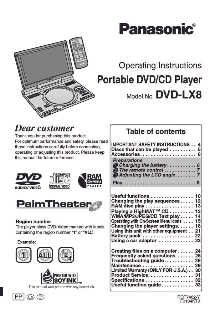Panasonic DVD-LX8 DVD Player Owners Instruction Manual