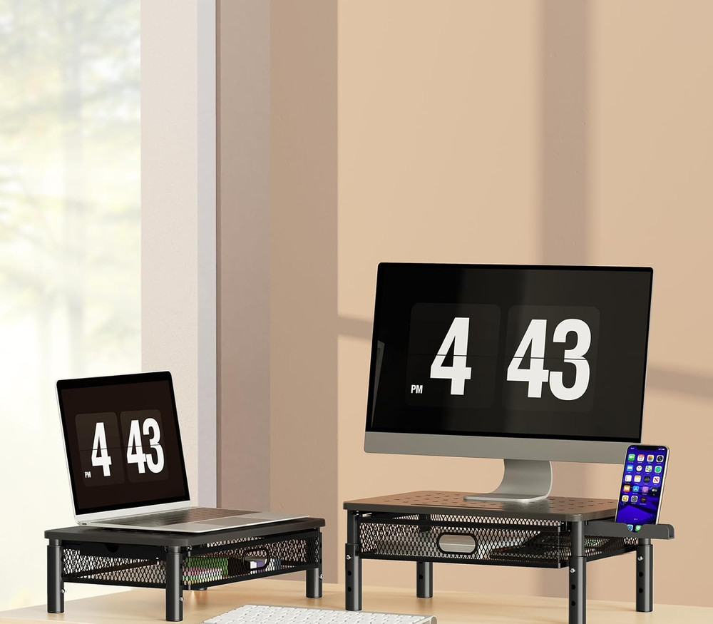 Monitor Stand Riser with Metal Mesh Drawer, Height Adjustable with Phone Hold...