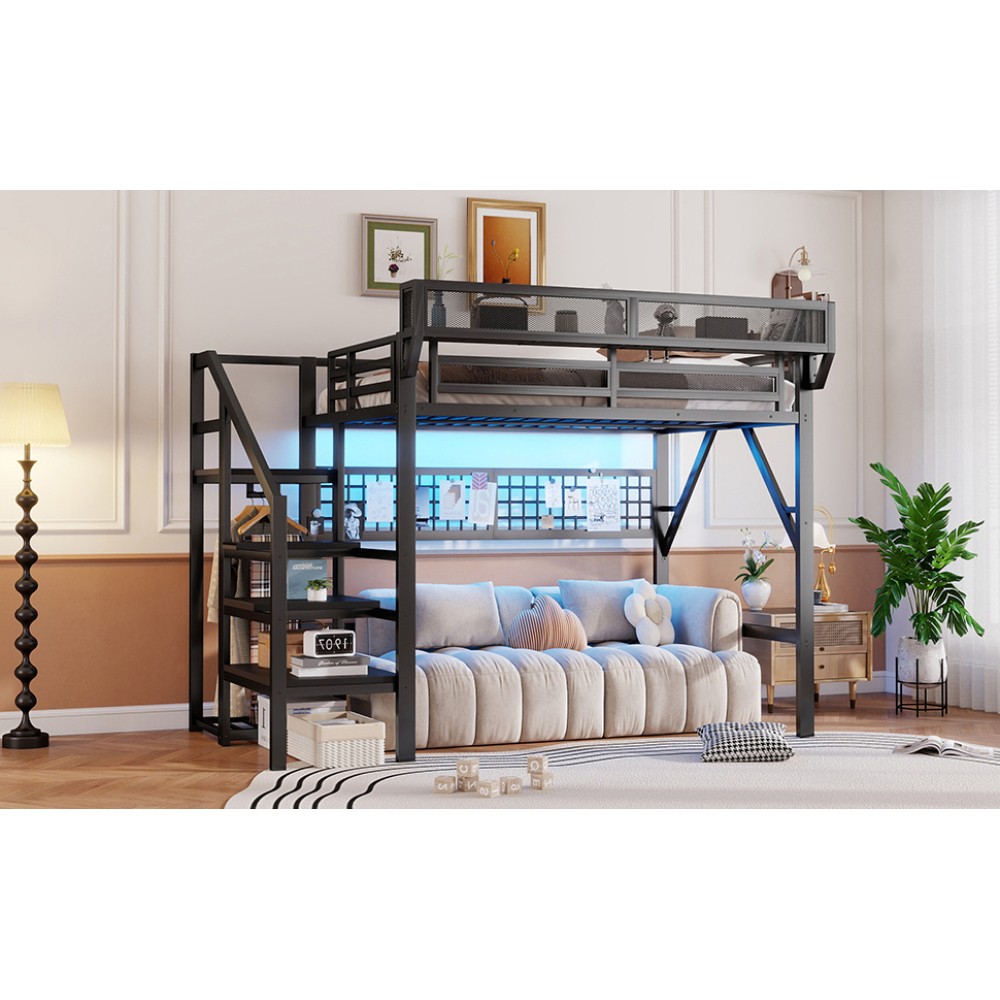 Full Size Loft Bed with Stairs, Metal Full Loft Bed with Light and Storage