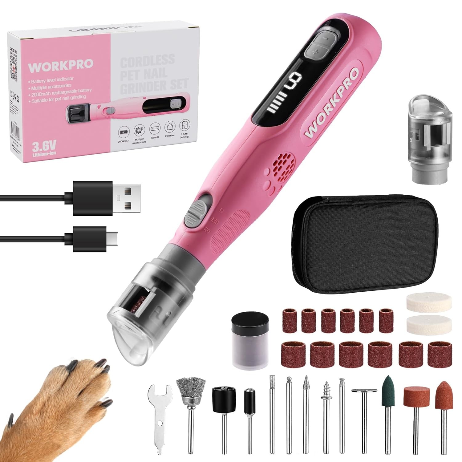 WORKPRO 6-Speed Dog Nail Grinder 70 Accessories Rotary Tool with Storage Bag New