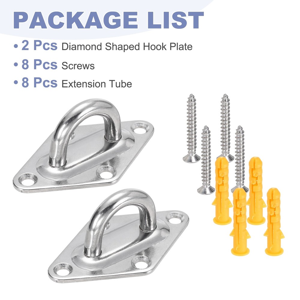 2Pcs M8 Eyelet Bracket Set Diamond Shaped Hook Plate and Hook, Silver