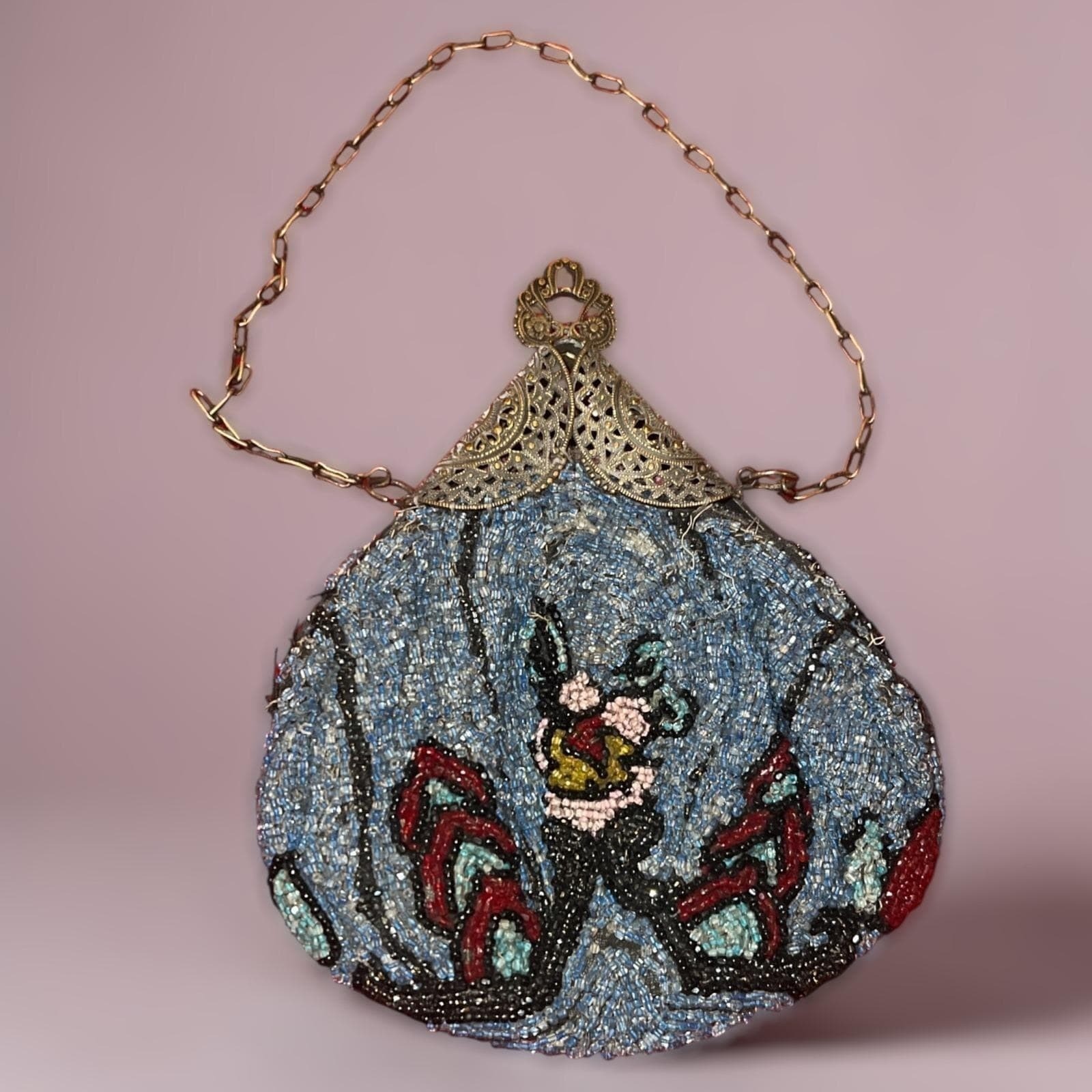 Antique 1920s Art Deco Micro Beaded Flapper Purse Floral Czech Glass Evening Bag