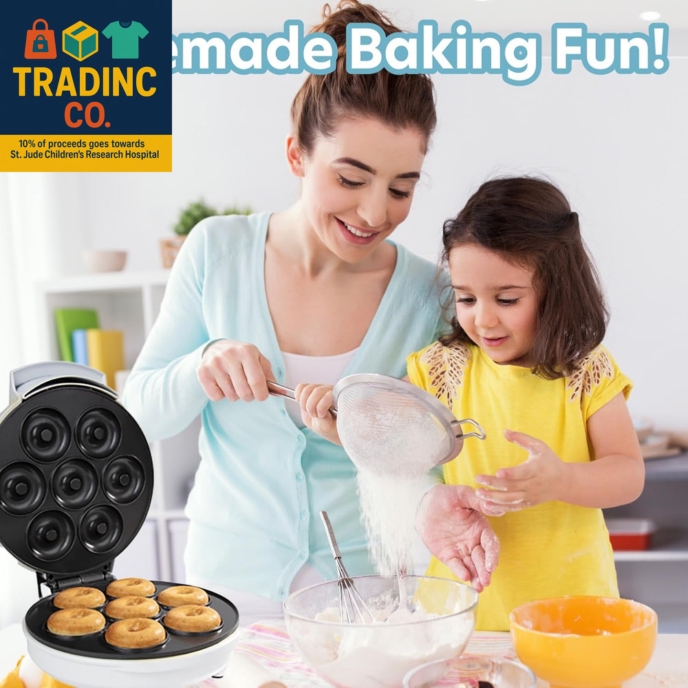 Mini Donut Maker- Electric Nonstick Surface Makes 7 Small Doughnuts- Decorate Fr