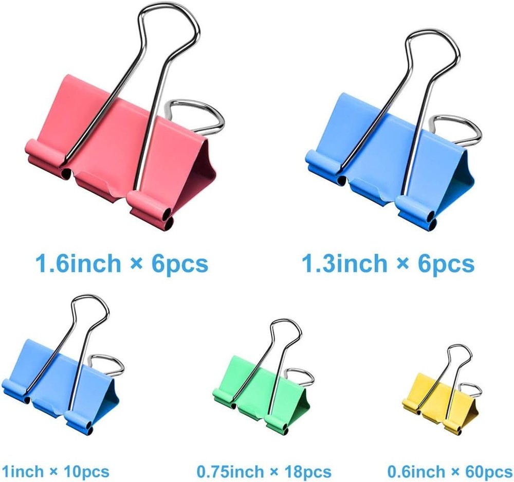 Binder Clips - Assorted Sizes 100 Count, X Large, Medium, Colorful