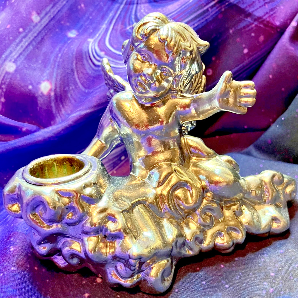Two Silver Colored Ceramic Baby Cherub Candlestick Holders